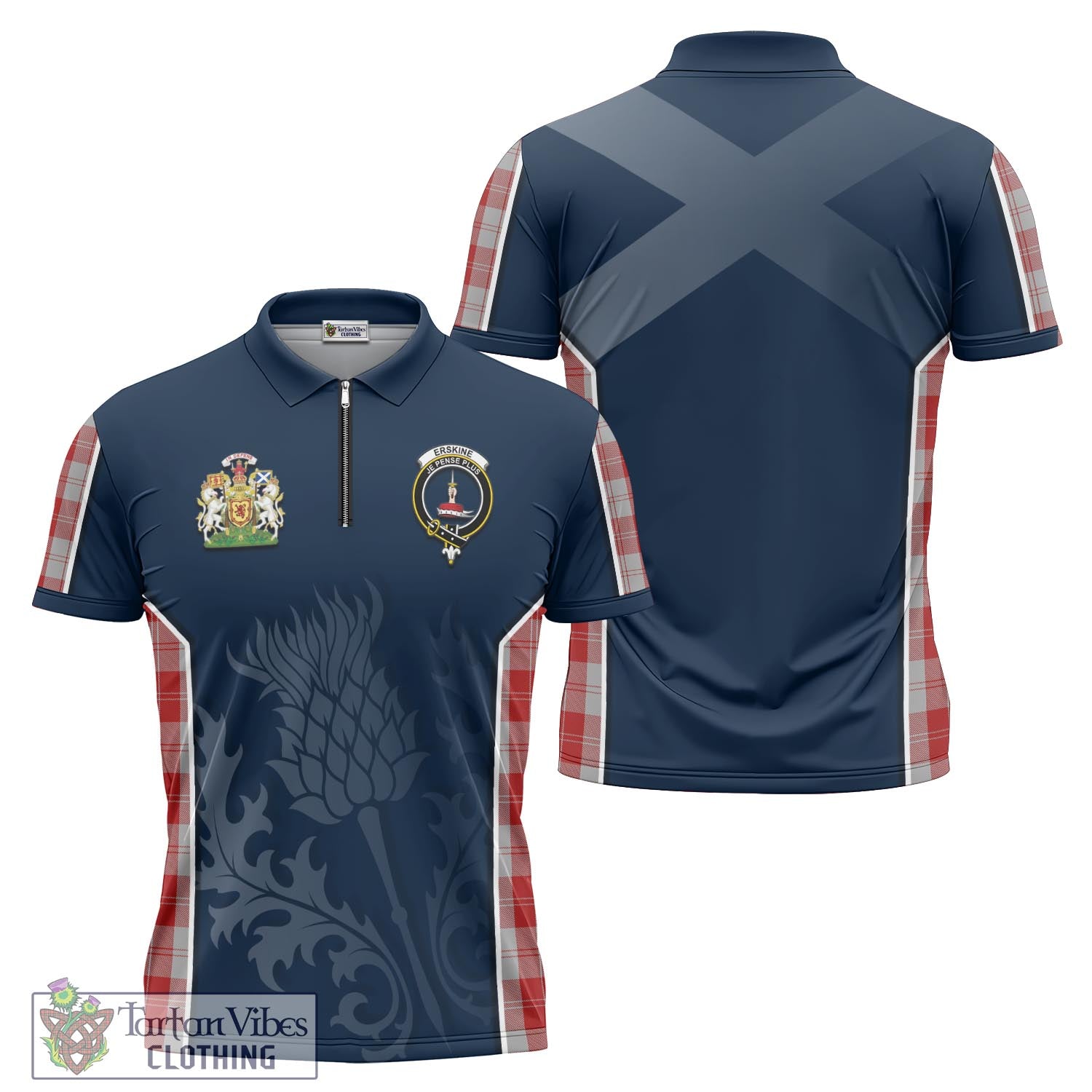 Tartan Vibes Clothing Erskine Red Tartan Zipper Polo Shirt with Family Crest and Scottish Thistle Vibes Sport Style