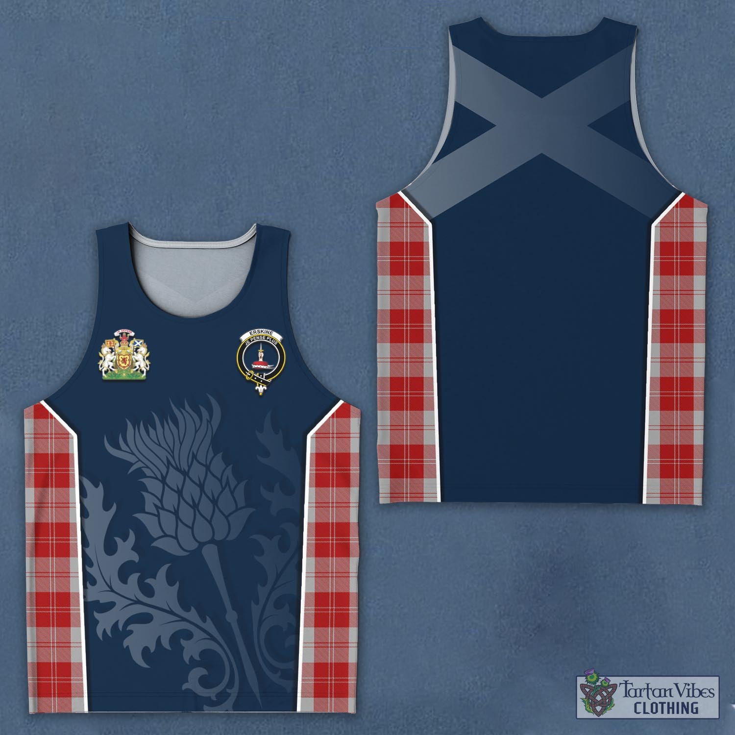 Tartan Vibes Clothing Erskine Red Tartan Men's Tanks Top with Family Crest and Scottish Thistle Vibes Sport Style