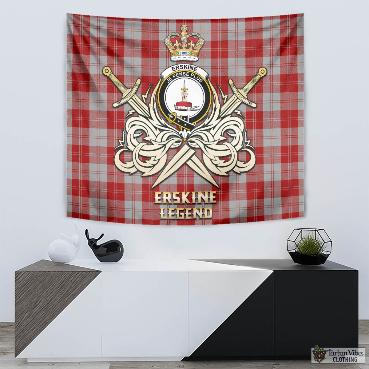 Tartan Vibes Clothing Erskine Red Tartan Tapestry with Clan Crest and the Golden Sword of Courageous Legacy