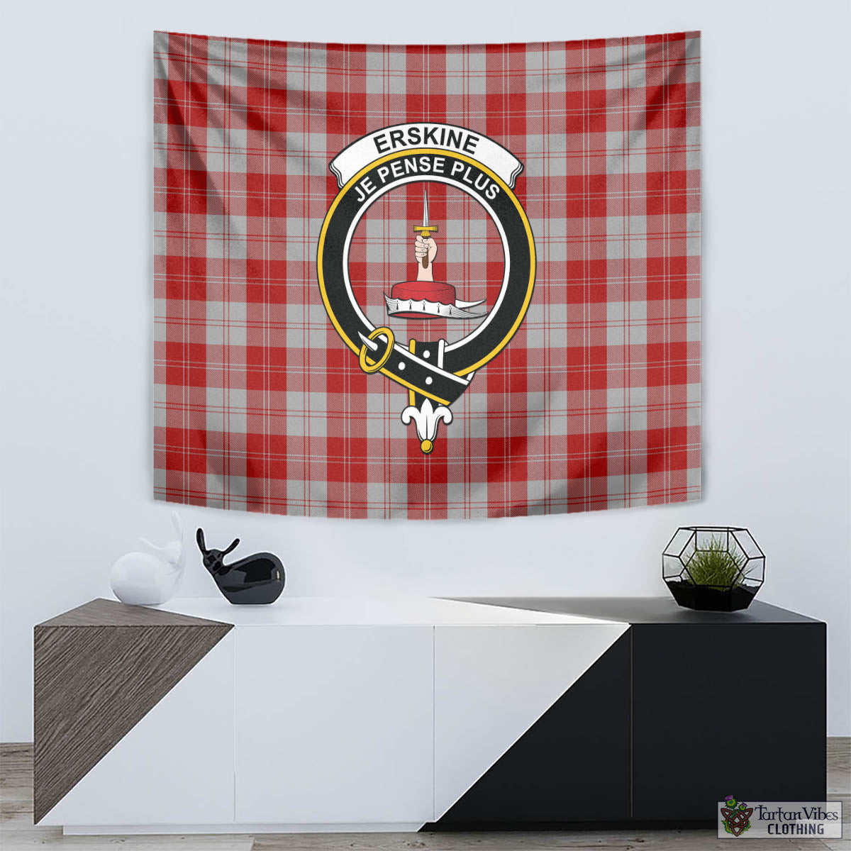 Tartan Vibes Clothing Erskine Red Tartan Tapestry Wall Hanging and Home Decor for Room with Family Crest