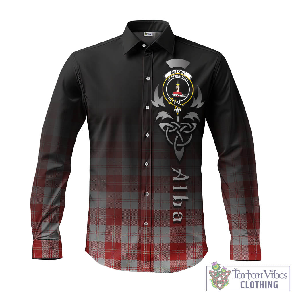 Tartan Vibes Clothing Erskine Red Tartan Long Sleeve Button Up Featuring Alba Gu Brath Family Crest Celtic Inspired