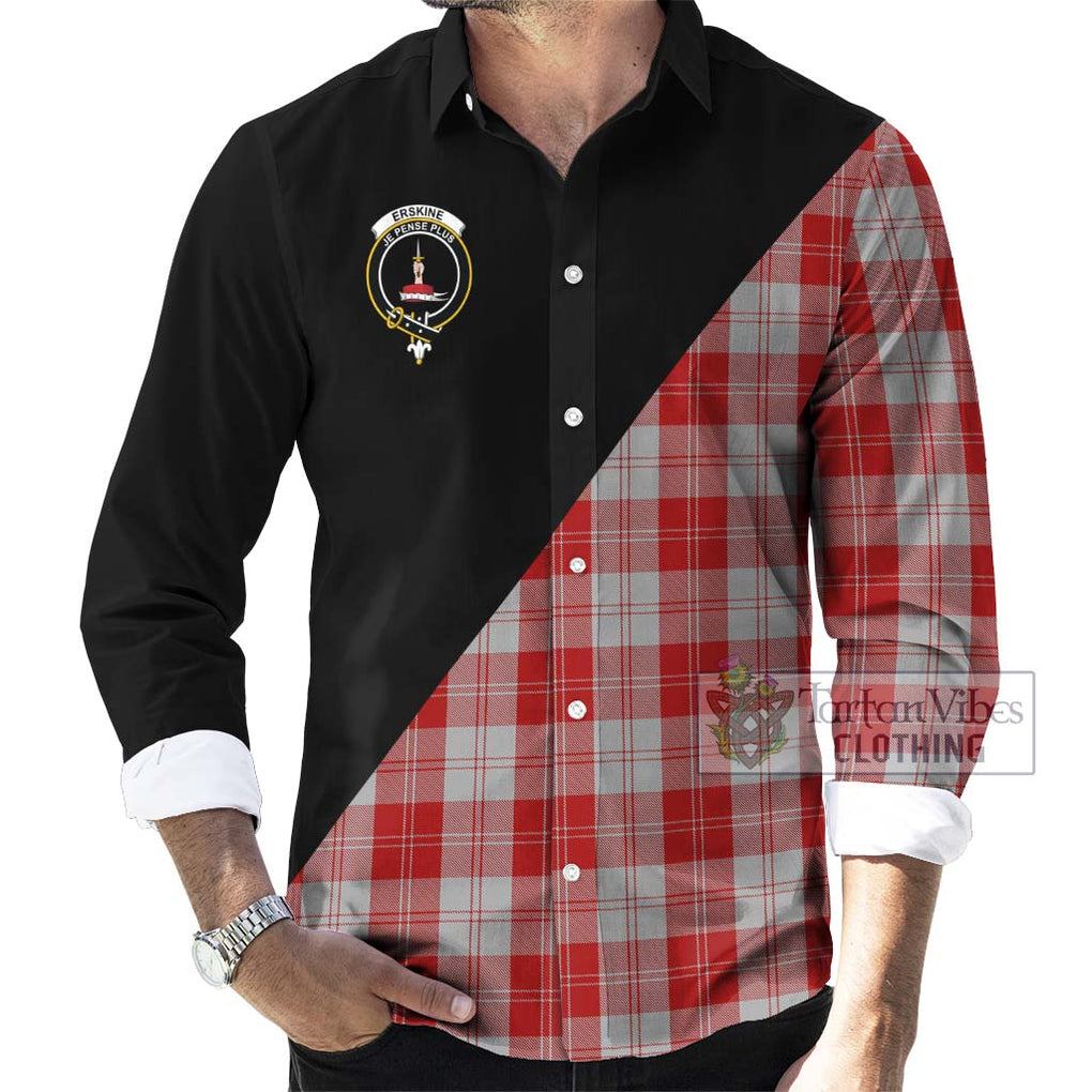 Erskine Red Tartan Long Sleeve Button Shirt with Family Crest and Military Logo Style - Tartanvibesclothing Shop