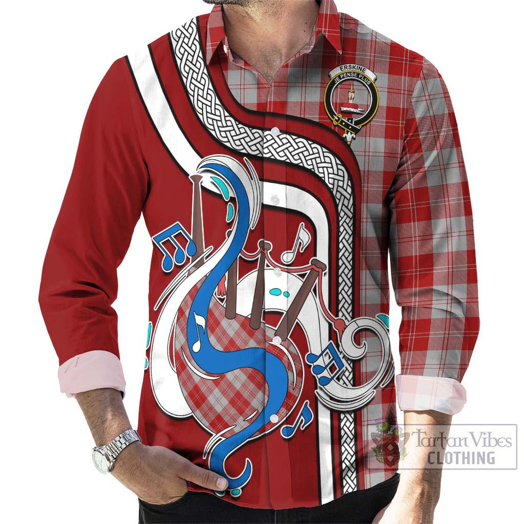 Erskine Red Tartan Long Sleeve Button Shirt with Epic Bagpipe Style - Tartanvibesclothing Shop