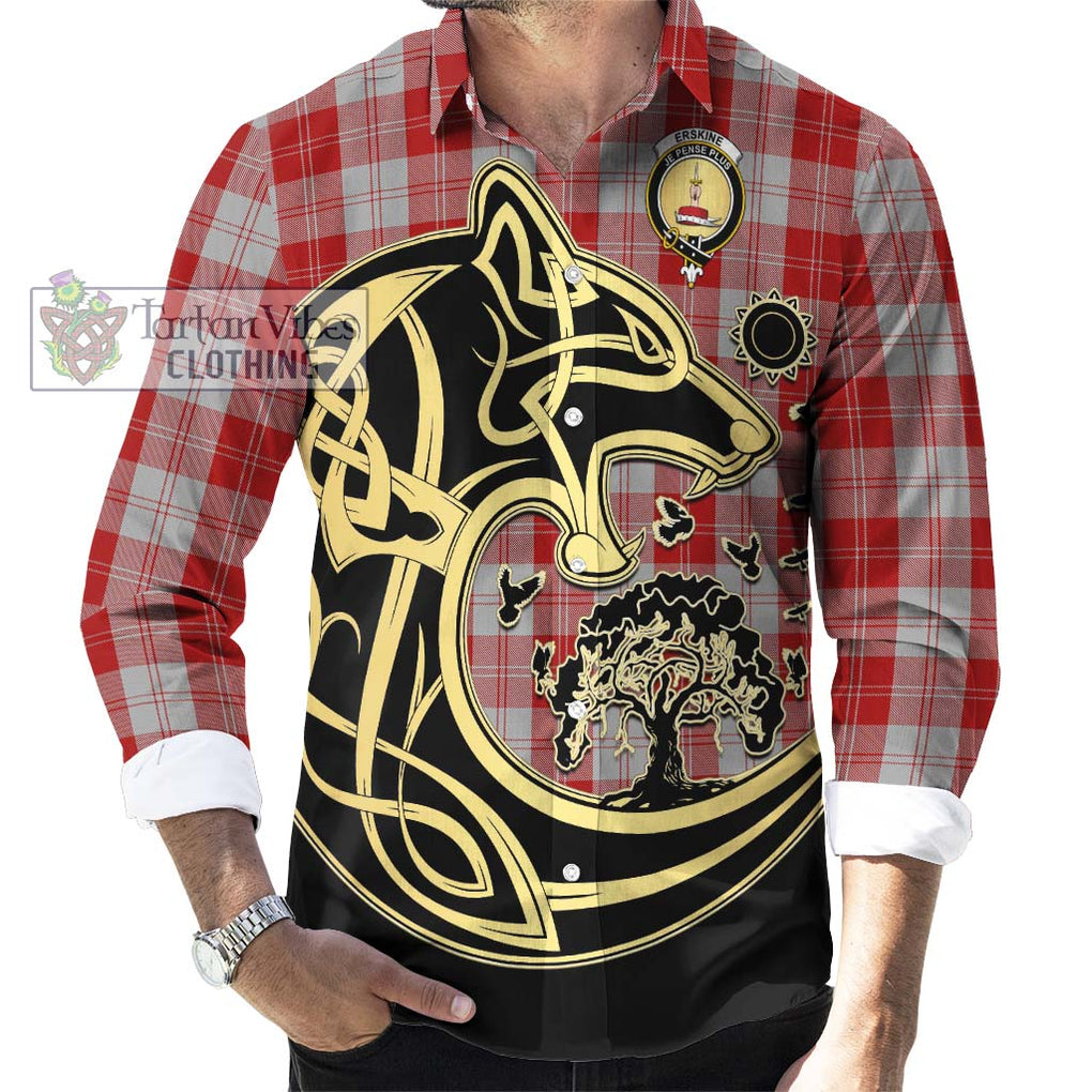 Erskine Red Tartan Long Sleeve Button Shirt with Family Crest Celtic Wolf Style - Tartan Vibes Clothing