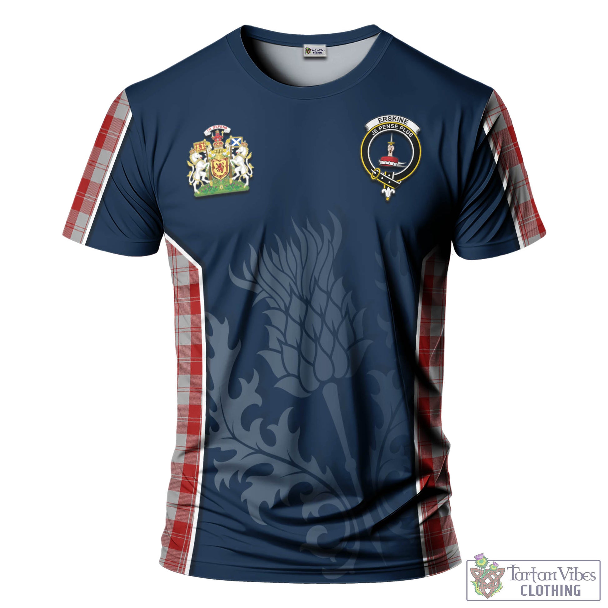 Tartan Vibes Clothing Erskine Red Tartan T-Shirt with Family Crest and Scottish Thistle Vibes Sport Style