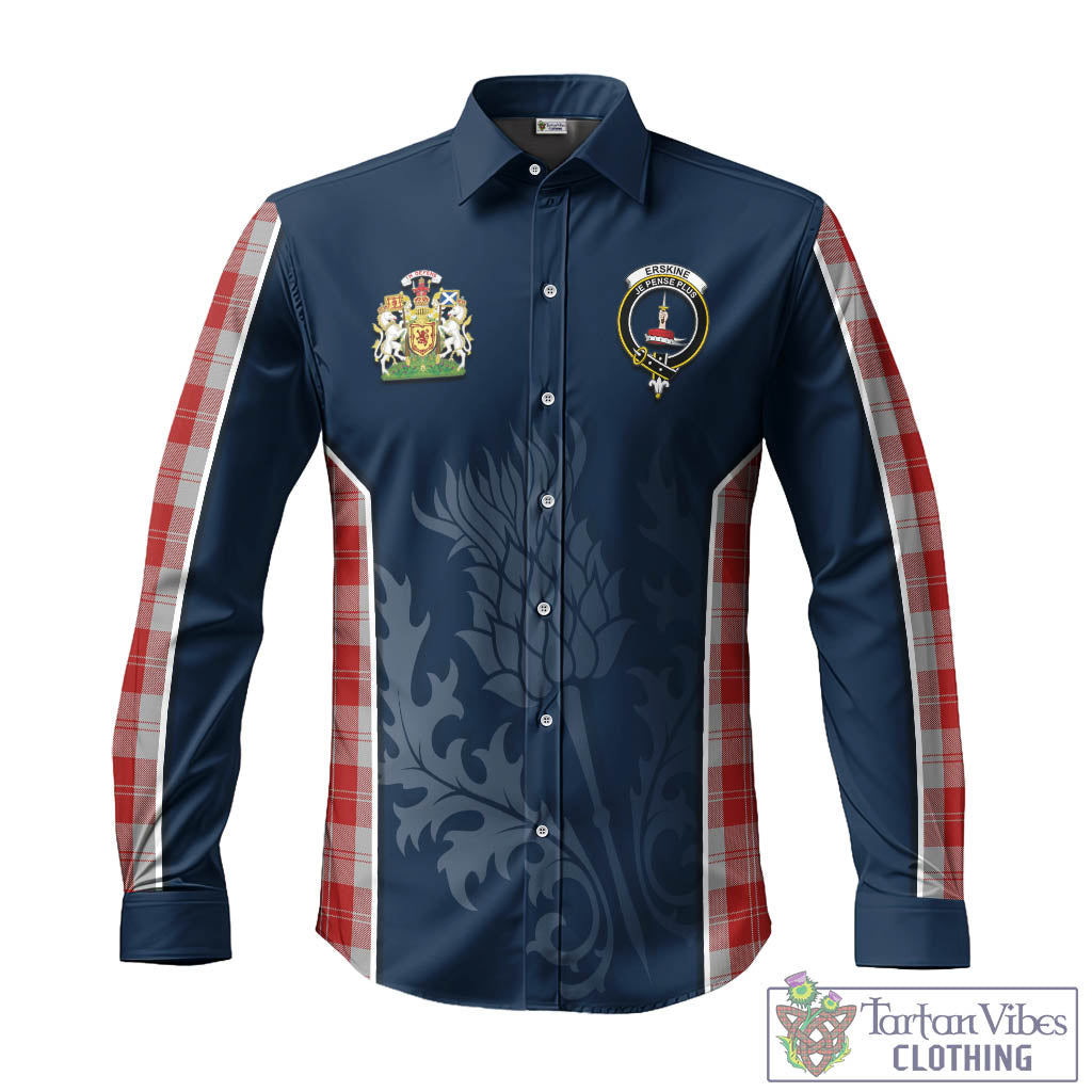 Tartan Vibes Clothing Erskine Red Tartan Long Sleeve Button Up Shirt with Family Crest and Scottish Thistle Vibes Sport Style