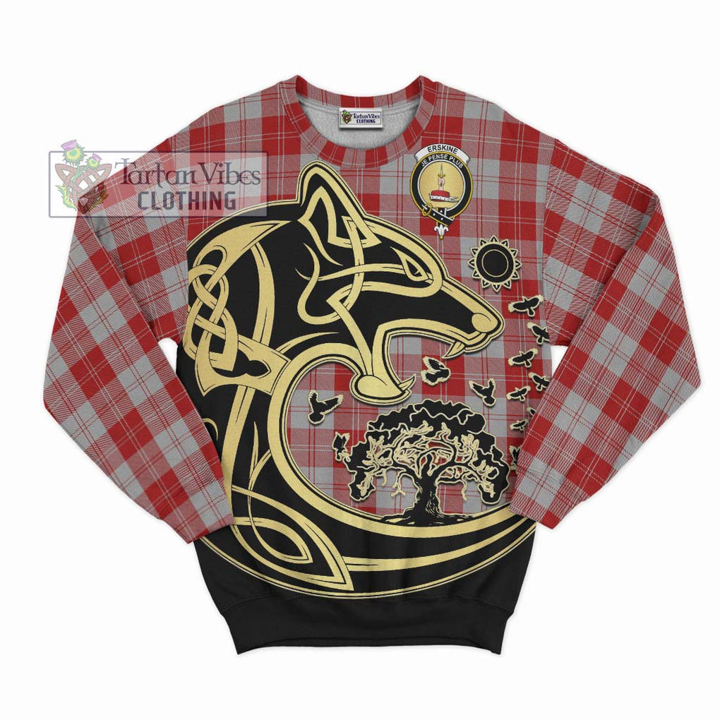 Erskine Red Tartan Sweatshirt with Family Crest Celtic Wolf Style - Tartan Vibes Clothing