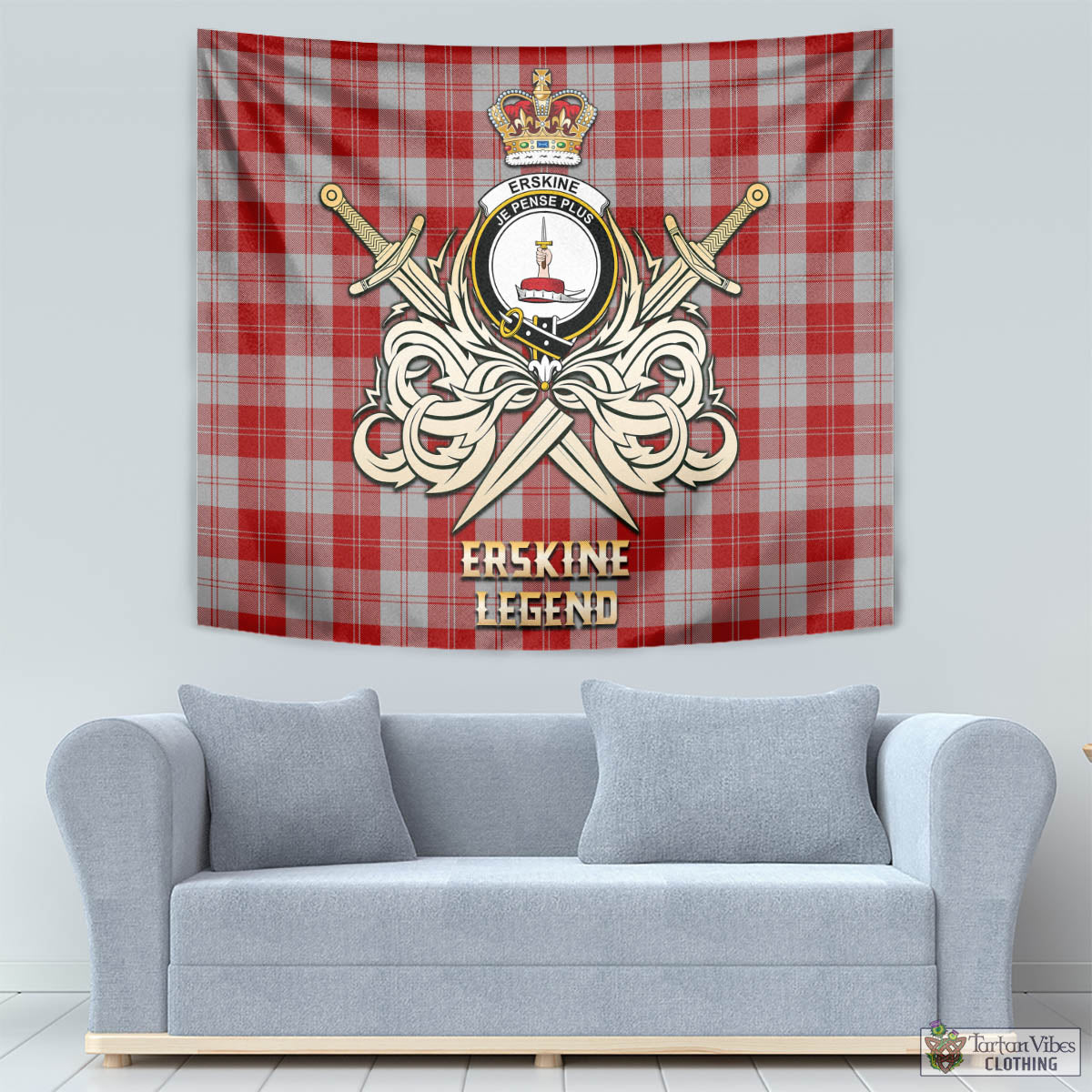 Tartan Vibes Clothing Erskine Red Tartan Tapestry with Clan Crest and the Golden Sword of Courageous Legacy