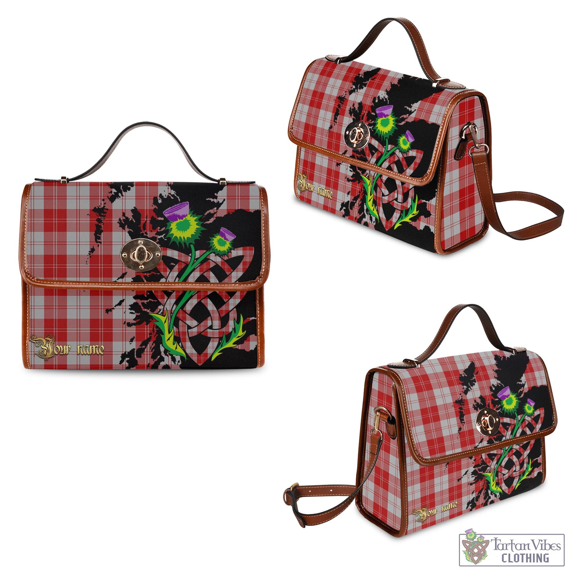 Tartan Vibes Clothing Erskine Red Tartan Waterproof Canvas Bag with Scotland Map and Thistle Celtic Accents