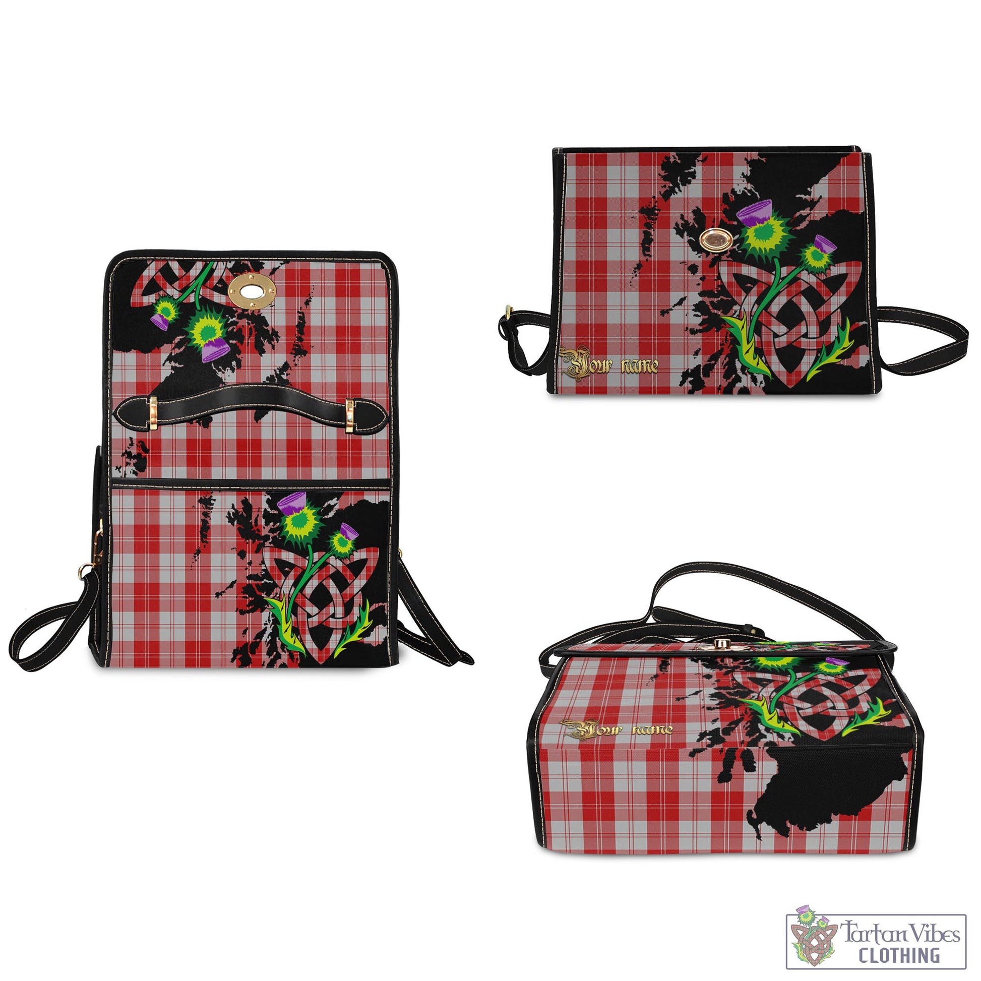 Tartan Vibes Clothing Erskine Red Tartan Waterproof Canvas Bag with Scotland Map and Thistle Celtic Accents