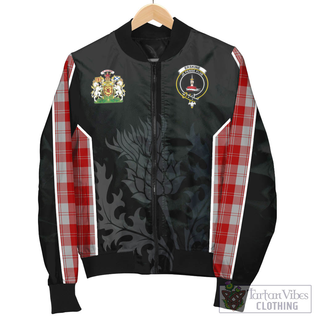 Tartan Vibes Clothing Erskine Red Tartan Bomber Jacket with Family Crest and Scottish Thistle Vibes Sport Style