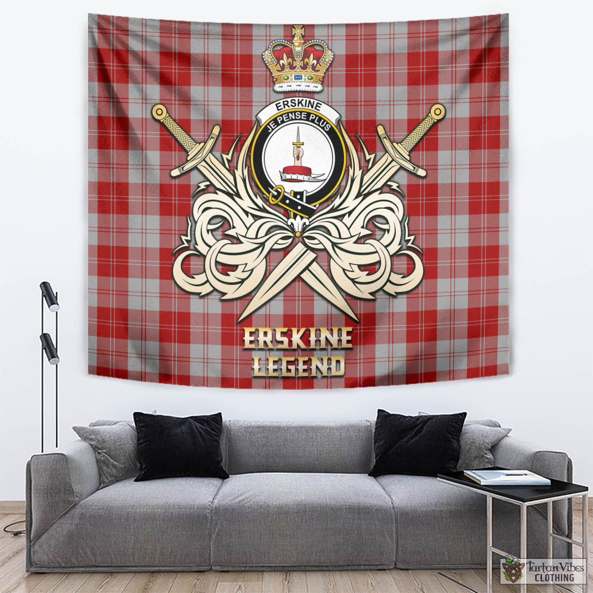 Tartan Vibes Clothing Erskine Red Tartan Tapestry with Clan Crest and the Golden Sword of Courageous Legacy