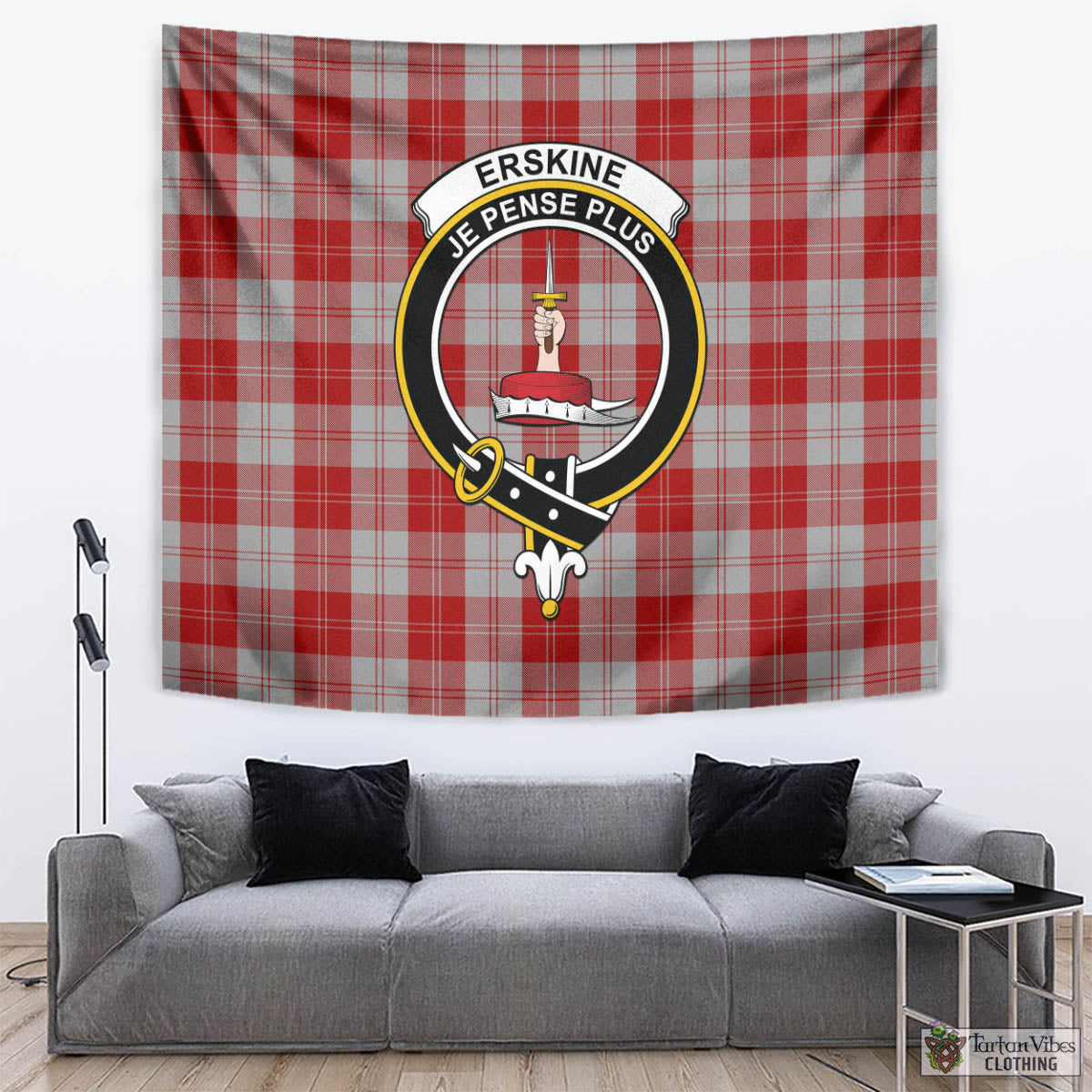 Tartan Vibes Clothing Erskine Red Tartan Tapestry Wall Hanging and Home Decor for Room with Family Crest