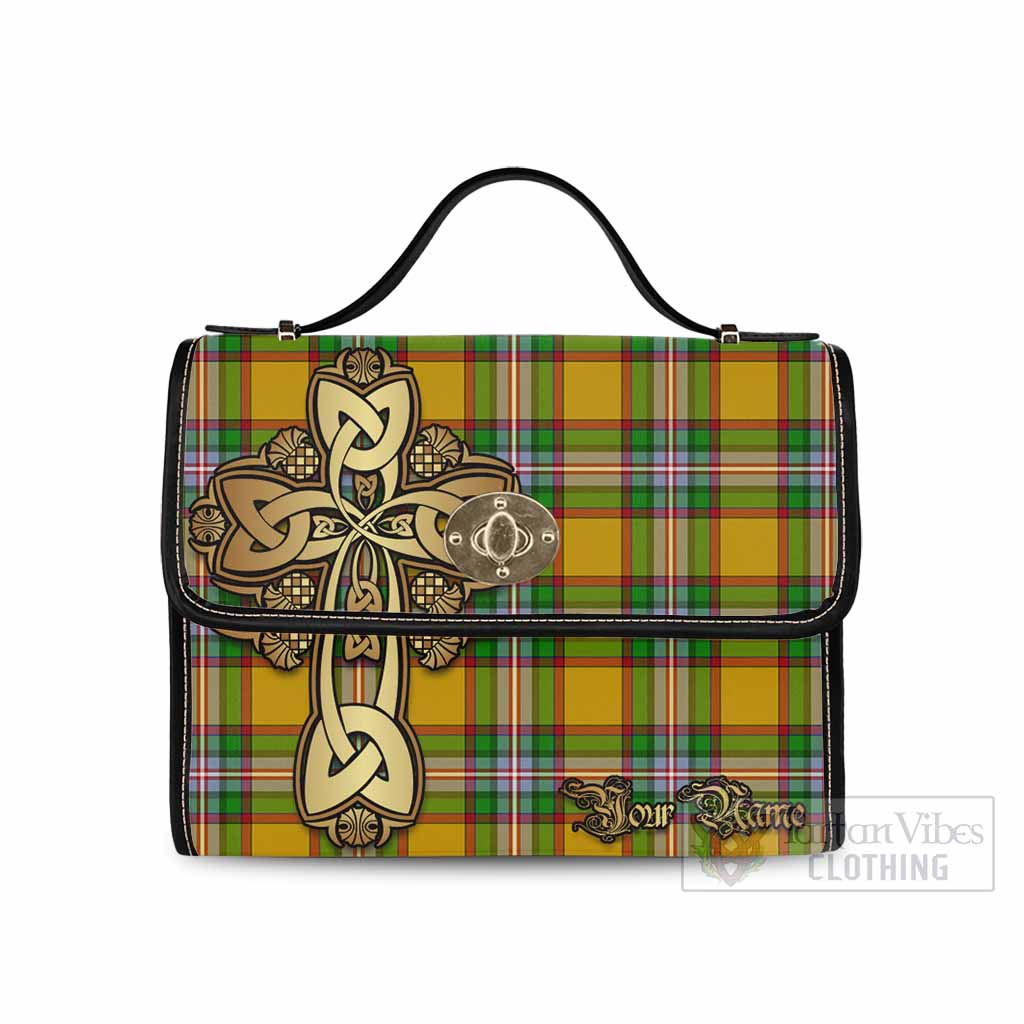 Tartan Vibes Clothing Essex County Canada Tartan Waterproof Canvas Bag Golden Thistle Celtic Cross Style