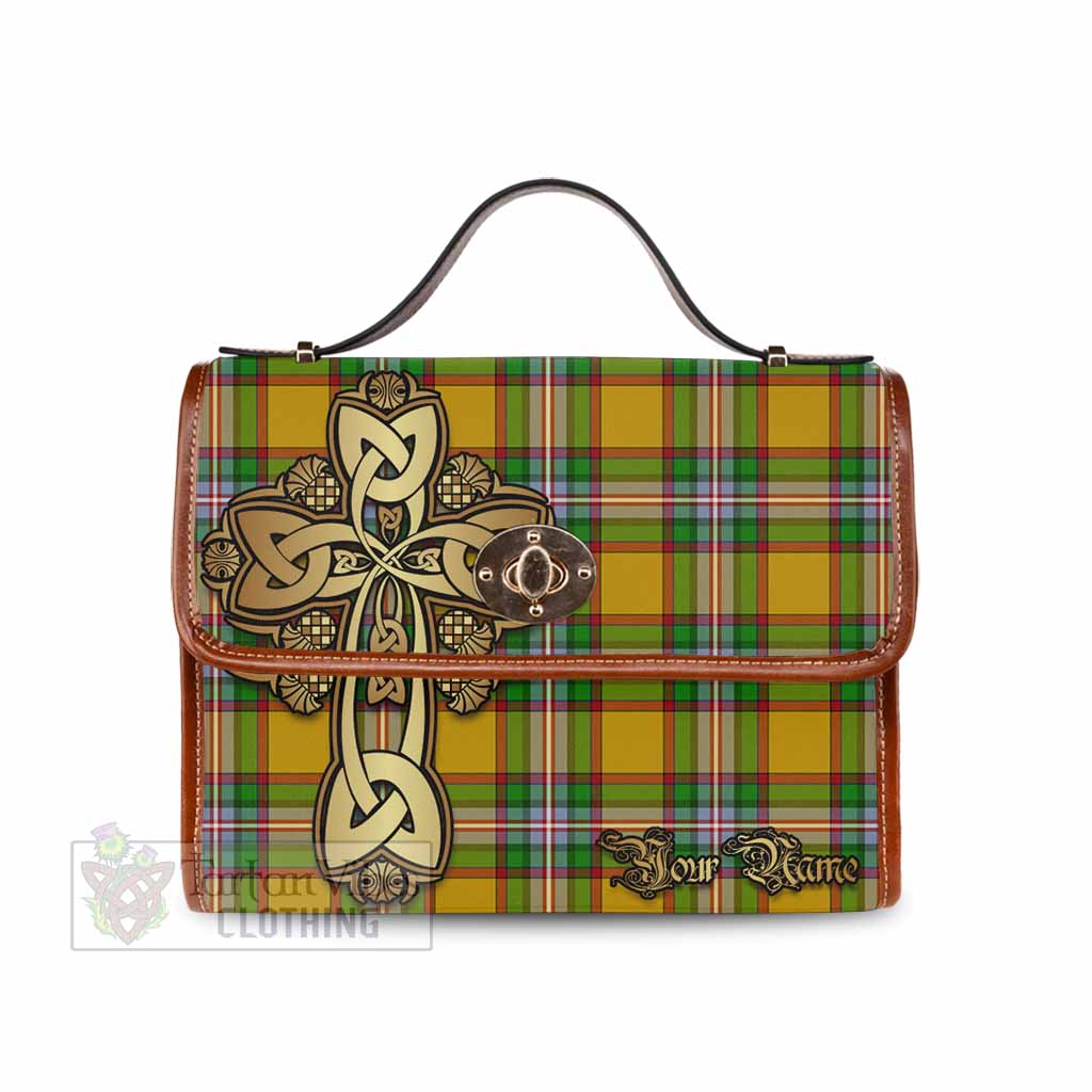 Tartan Vibes Clothing Essex County Canada Tartan Waterproof Canvas Bag Golden Thistle Celtic Cross Style