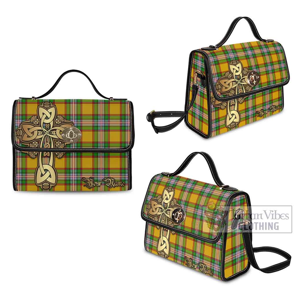 Tartan Vibes Clothing Essex County Canada Tartan Waterproof Canvas Bag Golden Thistle Celtic Cross Style