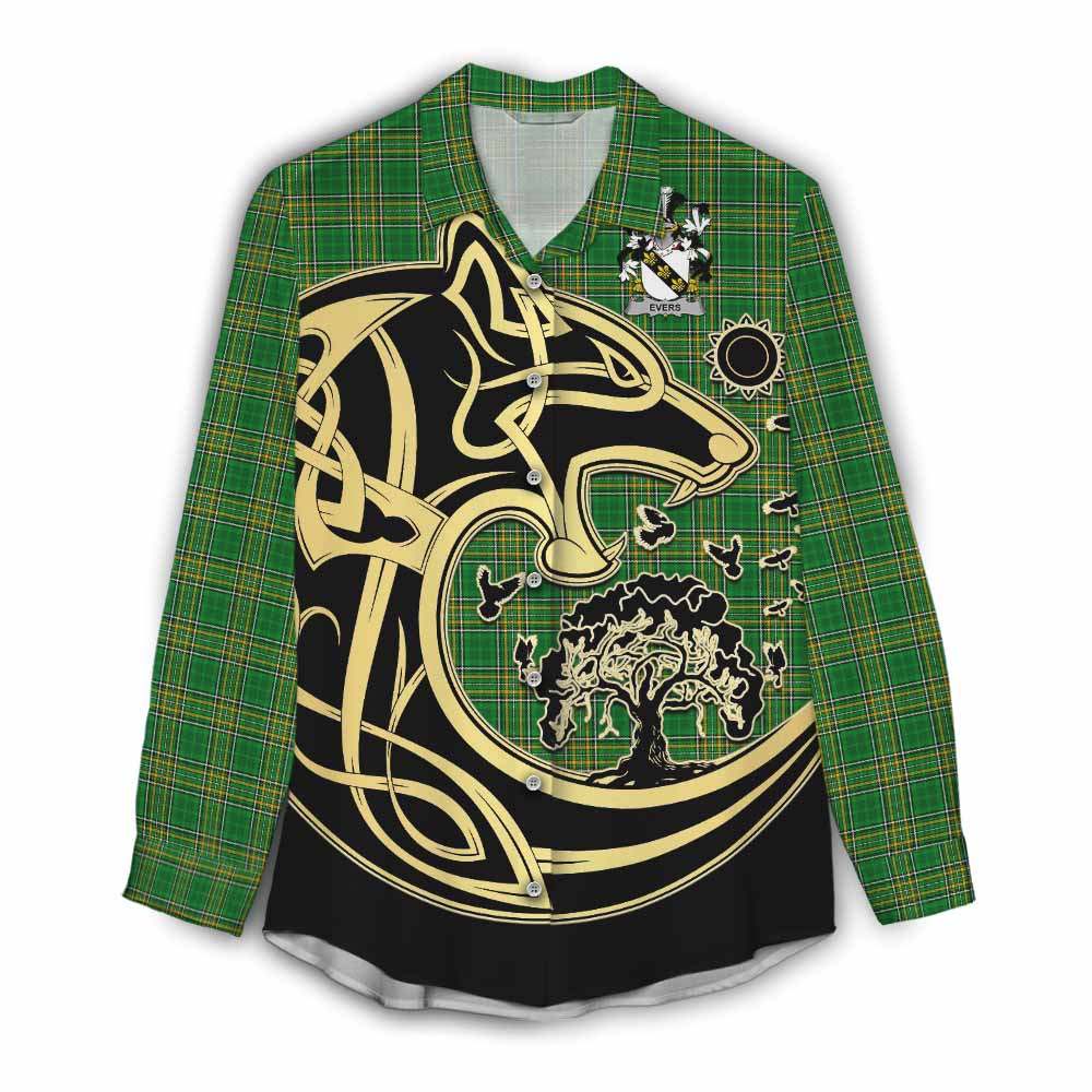 Evers Irish Tartan Women's Casual Shirt with Coat of Arms Celtic Wolf Style Female - Tartan Vibes Clothing