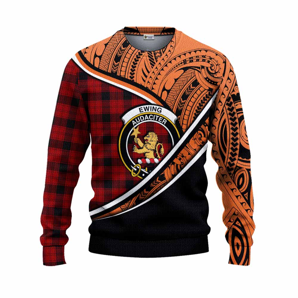 Tartan Vibes Clothing Ewing Crest Tartan Knitted Sweater with Maori Tattoo Style - Orange Version