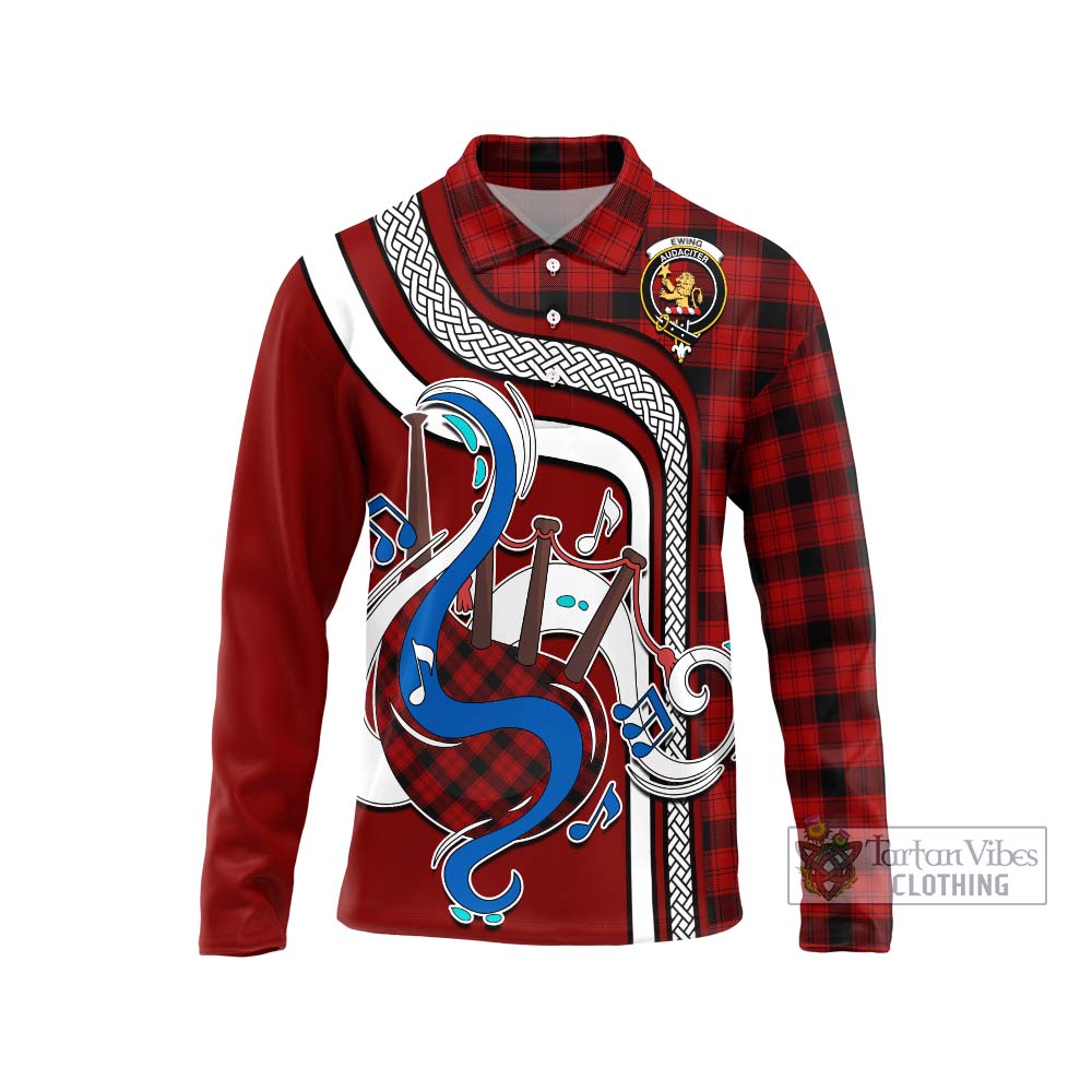 Tartan Vibes Clothing Ewing Tartan Long Sleeve Polo Shirt with Epic Bagpipe Style