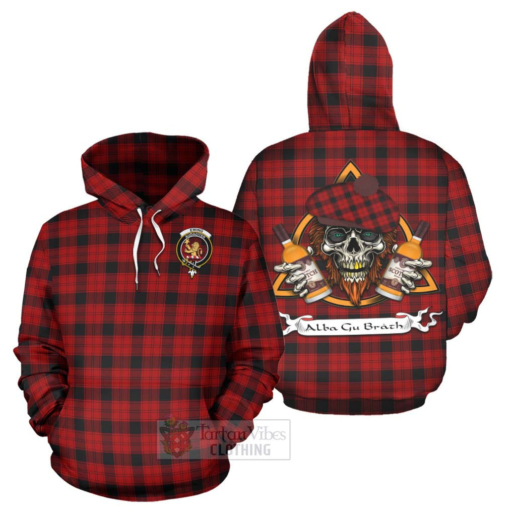 Tartan Vibes Clothing Ewing Tartan Hoodie with Family Crest and Bearded Skull Holding Bottles of Whiskey