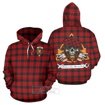 Ewing Tartan Hoodie with Family Crest and Bearded Skull Holding Bottles of Whiskey