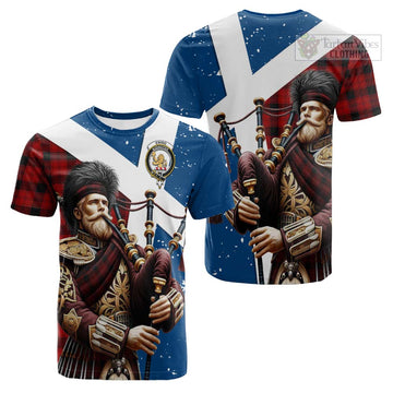 Ewing Tartan Cotton T-shirt with Family Crest Scottish Bagpiper Vibes