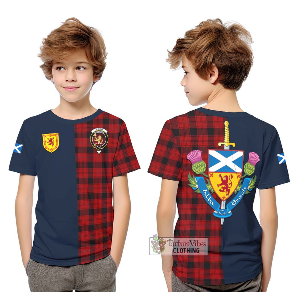 Tartan Vibes Clothing Ewing Tartan Kid T-Shirt with Scottish Lion Royal Arm Half Style