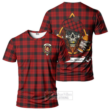 Ewing Tartan T-Shirt with Family Crest and Bearded Skull Holding Bottles of Whiskey