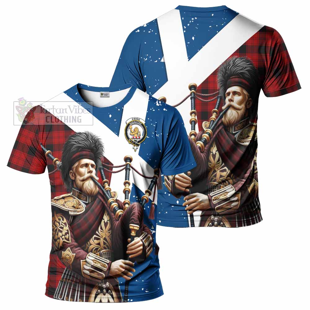 Tartan Vibes Clothing Ewing Tartan T-Shirt with Family Crest Scottish Bagpiper Vibes