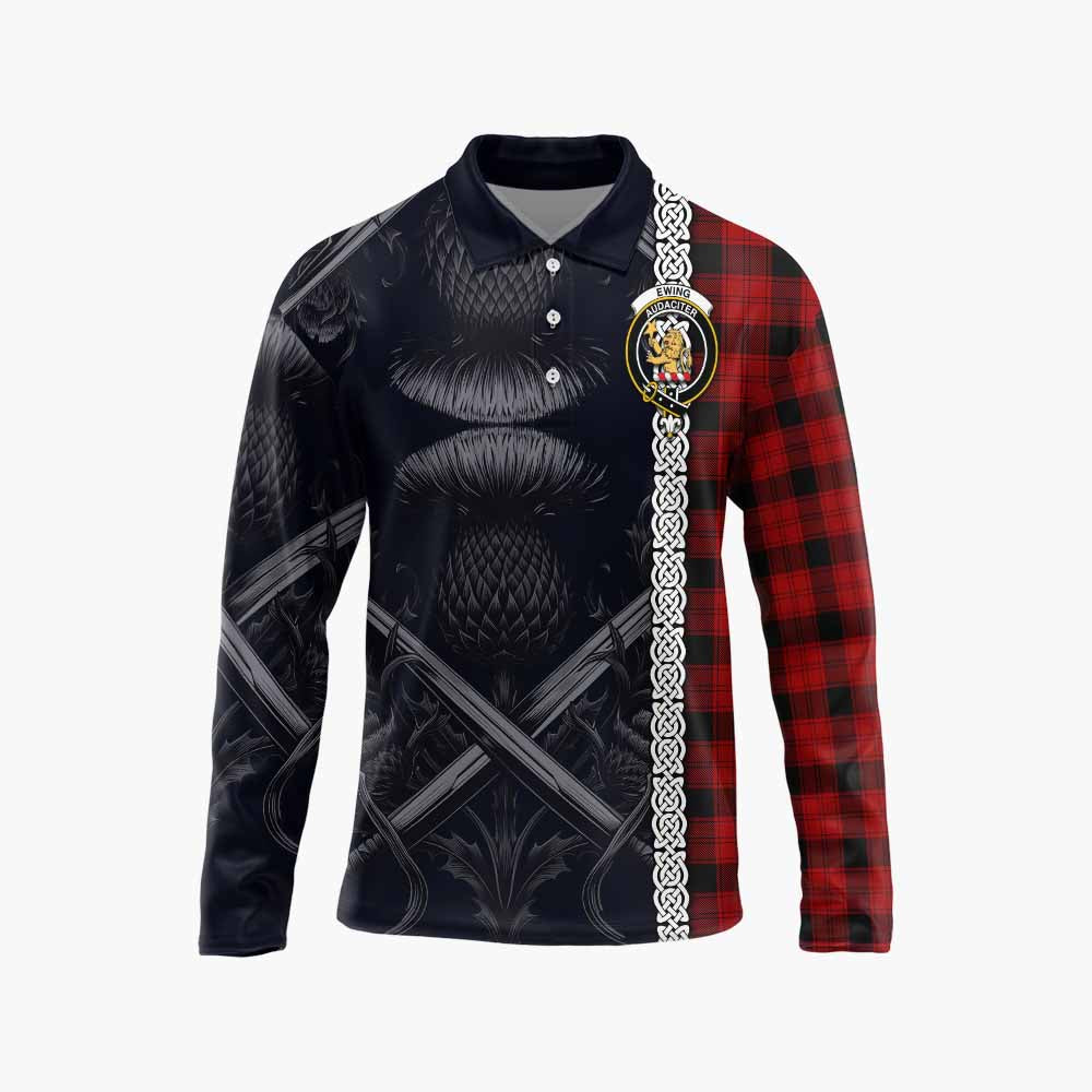 Tartan Vibes Clothing Ewing Tartan Long Sleeve Polo Shirt with Family Crest Cross Sword Thistle Celtic Vibes