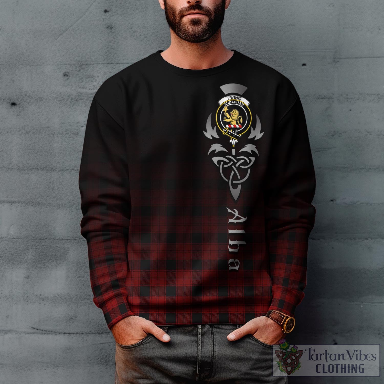 Tartan Vibes Clothing Ewing Tartan Sweatshirt Featuring Alba Gu Brath Family Crest Celtic Inspired