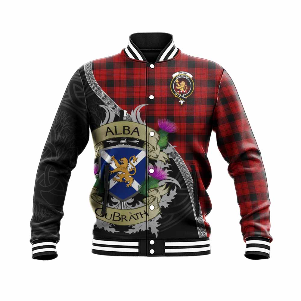 Ewing Tartan Family Crest Baseball Jacket Lion Rampant Royal Thistle Shield Celtic Inspired Unisex - Tartan Vibes Clothing