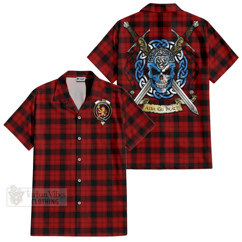 Tartan Vibes Clothing Ewing Tartan Short Sleeve Button Shirt with Family Crest Celtic Skull Style