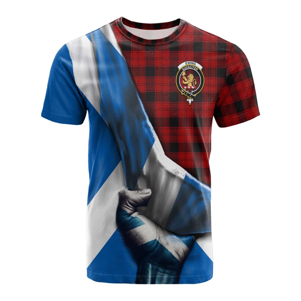 Tartan Vibes Clothing Ewing Tartan Cotton T-shirt with Family Crest Scotland Patriotic Style