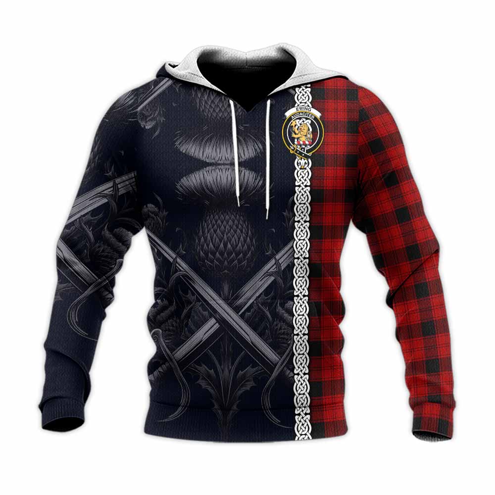 Tartan Vibes Clothing Ewing Tartan Knitted Hoodie with Family Crest Cross Sword Thistle Celtic Vibes