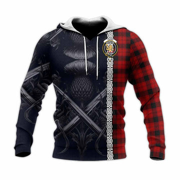 Ewing Tartan Knitted Hoodie with Family Crest Cross Sword Thistle Celtic Vibes