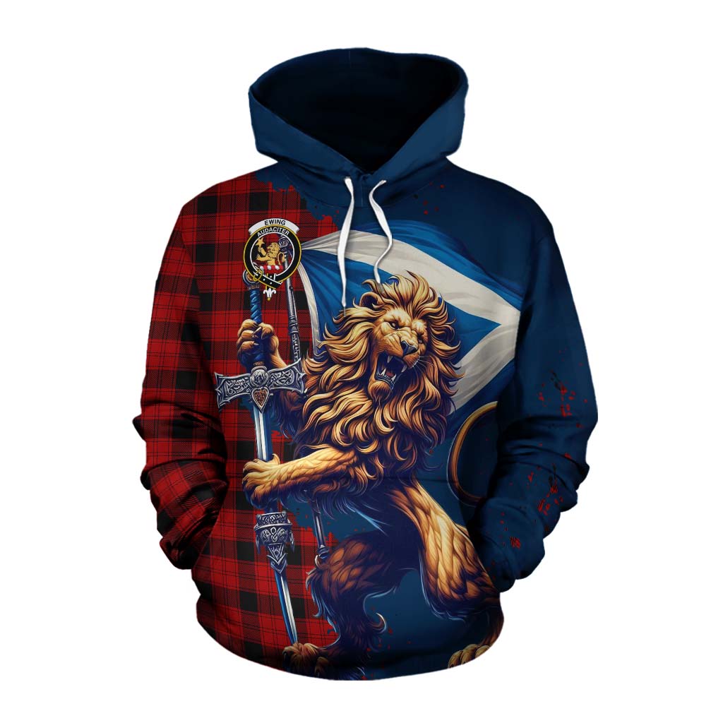 Tartan Vibes Clothing Ewing Tartan Family Crest Cotton Hoodie with Scottish Majestic Lion