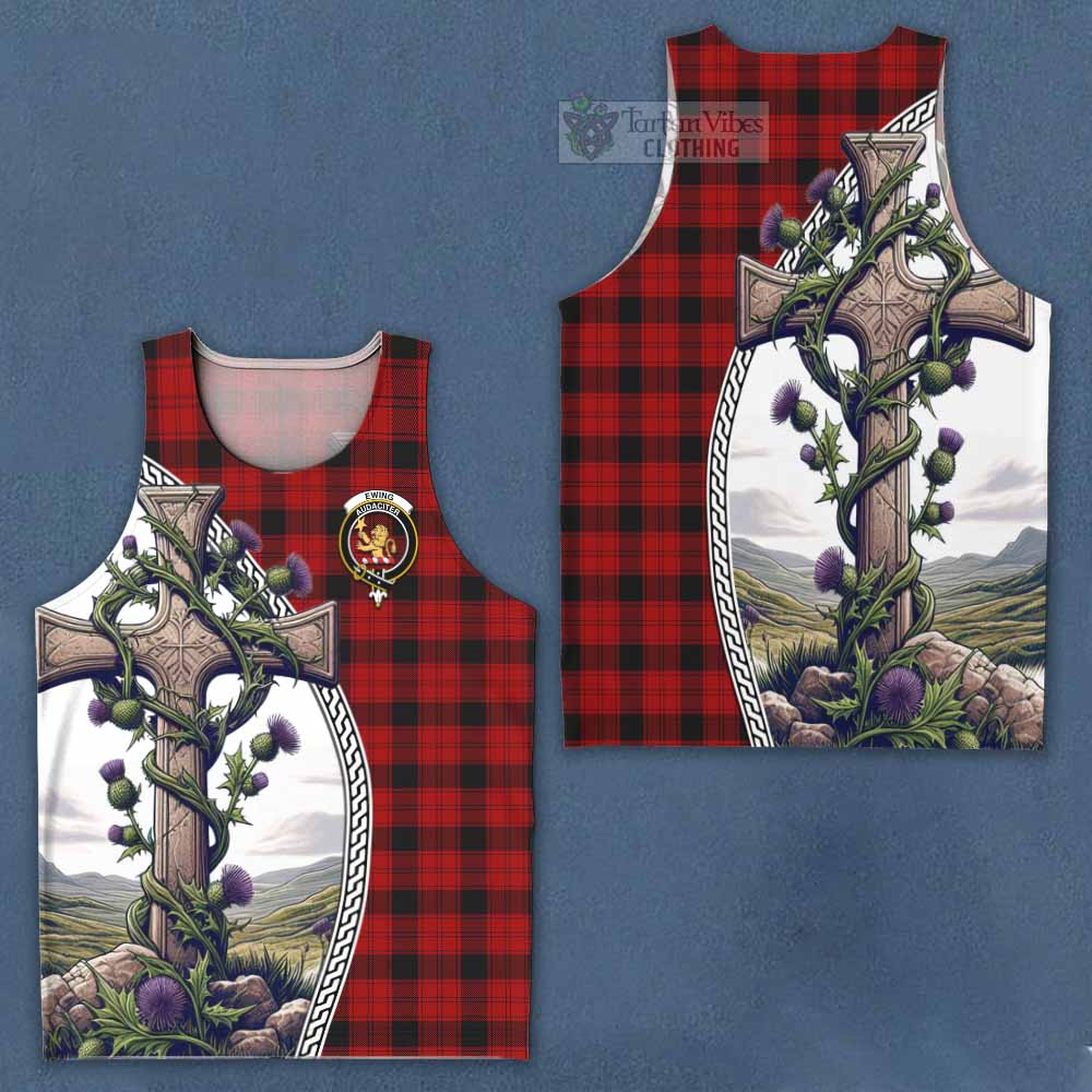 Tartan Vibes Clothing Ewing Tartan Men's Tank Top with Family Crest and St. Andrew's Cross Accented by Thistle Vines