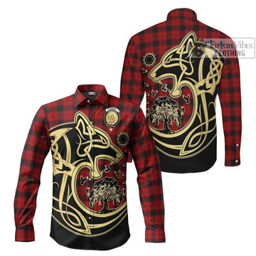 Ewing Tartan Long Sleeve Button Shirt with Family Crest Celtic Wolf Style