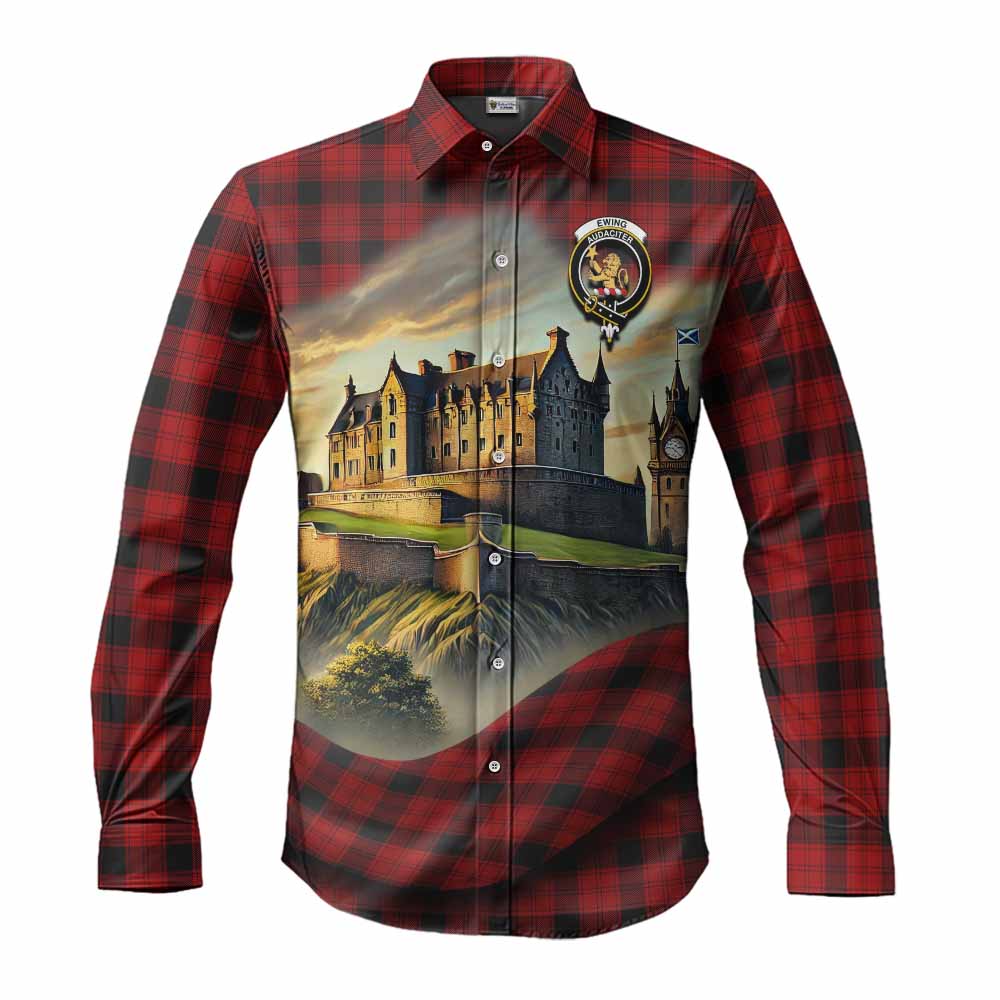 Ewing Tartan Family Crest Long Sleeve Button Shirt with Scottish Ancient Castle Style Men's Shirt S - Tartan Vibes Clothing