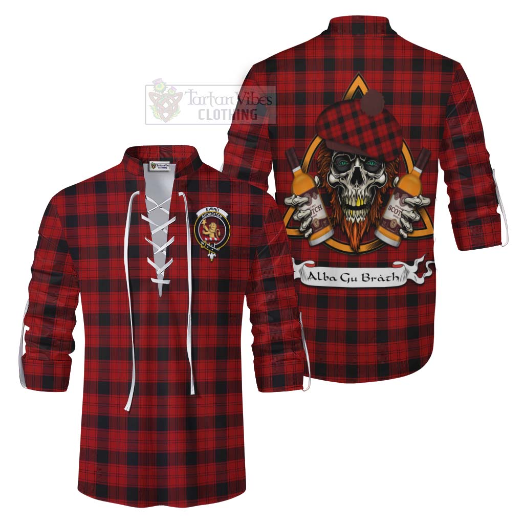 Tartan Vibes Clothing Ewing Tartan Ghillie Kilt Shirt with Family Crest and Bearded Skull Holding Bottles of Whiskey