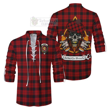 Ewing Tartan Ghillie Kilt Shirt with Family Crest and Bearded Skull Holding Bottles of Whiskey