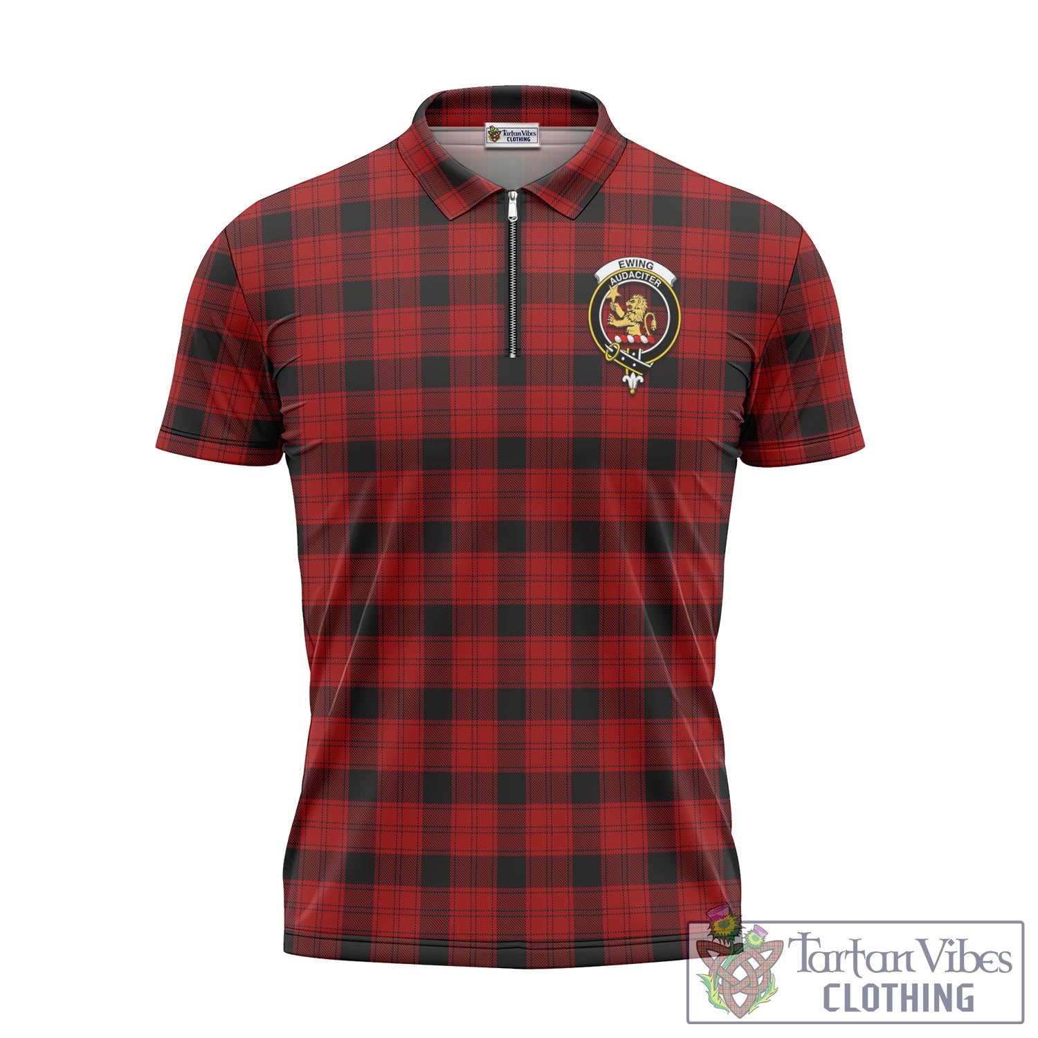 Tartan Vibes Clothing Ewing Tartan Zipper Polo Shirt with Family Crest