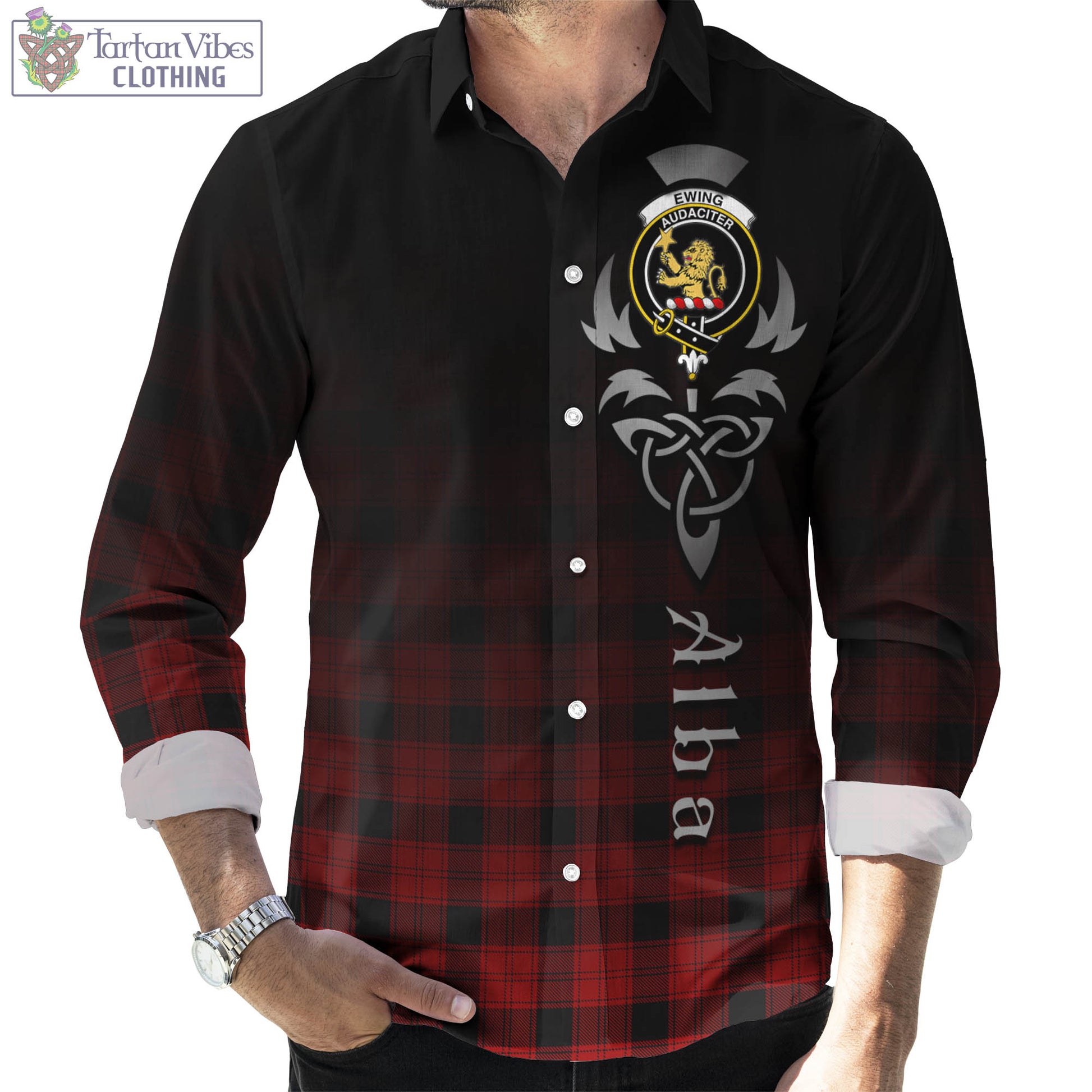 Tartan Vibes Clothing Ewing Tartan Long Sleeve Button Up Featuring Alba Gu Brath Family Crest Celtic Inspired