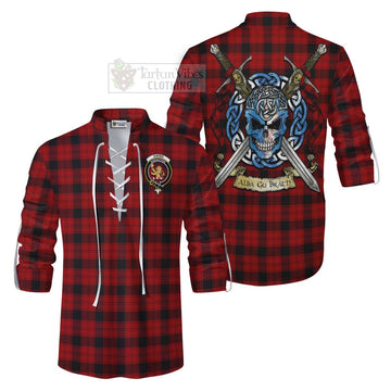 Ewing Tartan Ghillie Kilt Shirt with Family Crest Celtic Skull Style