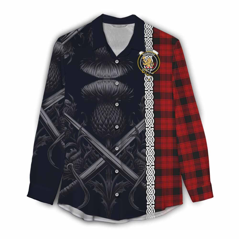 Tartan Vibes Clothing Ewing Tartan Women's Casual Shirt with Family Crest Cross Sword Thistle Celtic Vibes