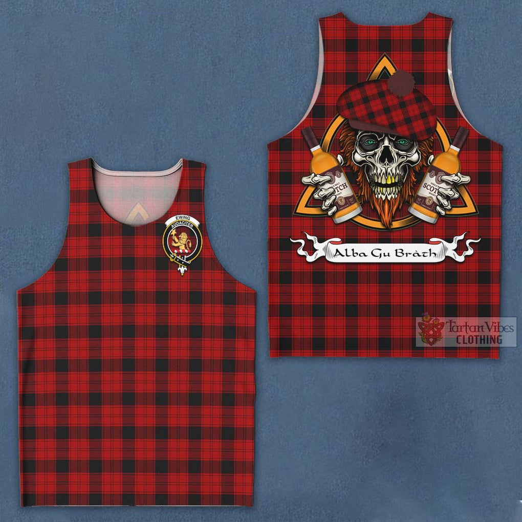 Tartan Vibes Clothing Ewing Tartan Men's Tank Top with Family Crest and Bearded Skull Holding Bottles of Whiskey