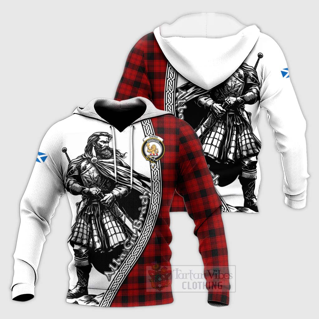 Tartan Vibes Clothing Ewing Tartan Clan Crest Knitted Hoodie with Highlander Warrior Celtic Style