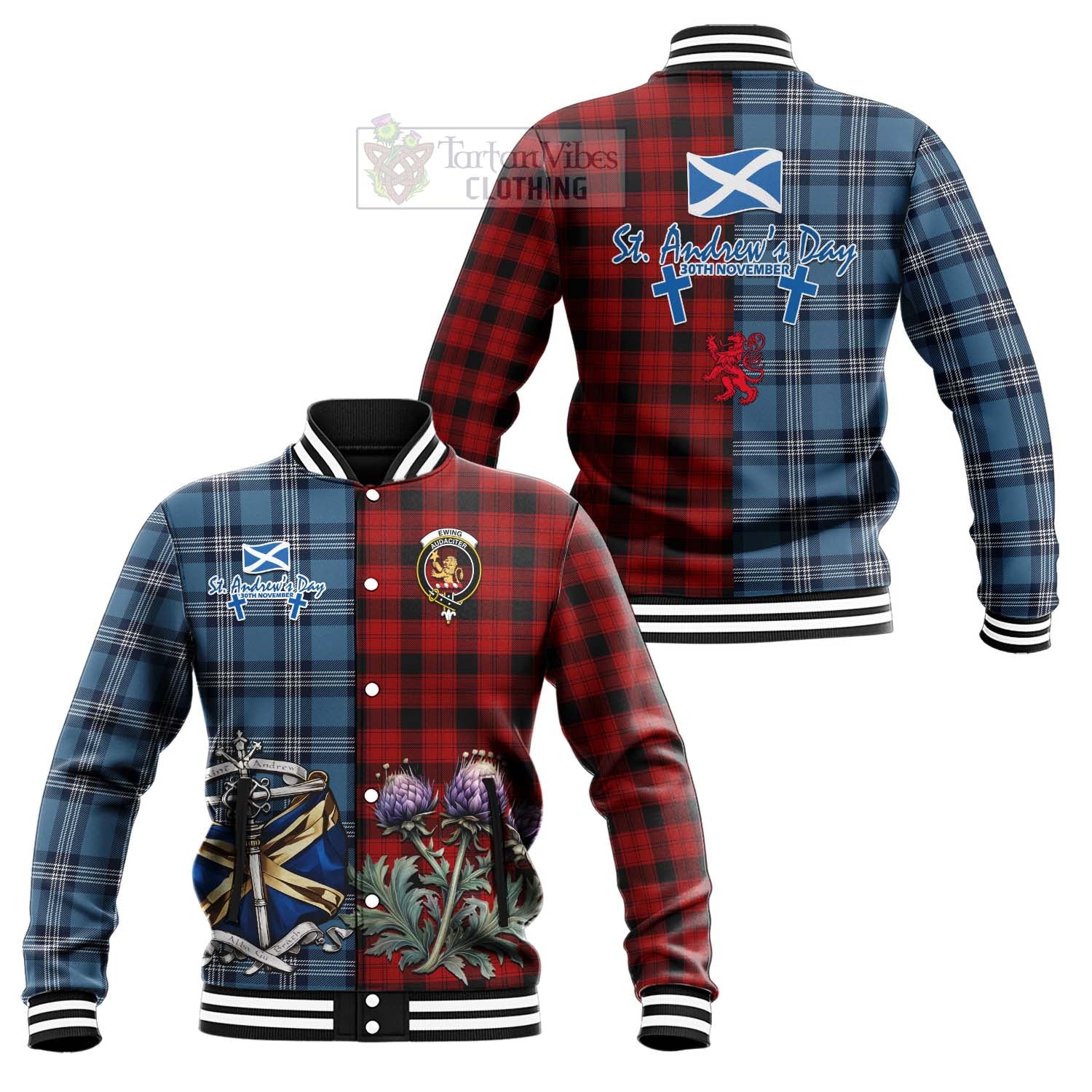 Tartan Vibes Clothing Ewing Tartan Baseball Jacket Happy St. Andrew's Day Half Tartan Style