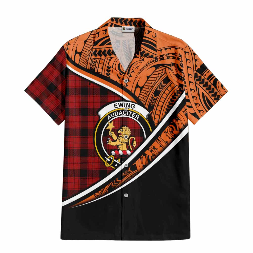 Tartan Vibes Clothing Ewing Crest Tartan Short Sleeve Button Shirt with Maori Tattoo Style - Orange Version